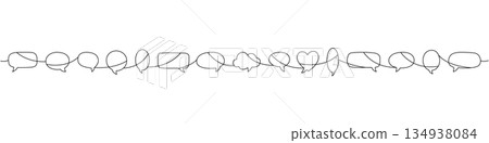 Continuous line art with connected speech bubbles. Minimalist outline illustration of communication flow Continuous line art with connected speech bubbles. Minimalist outline illustration of communication flow 134938084