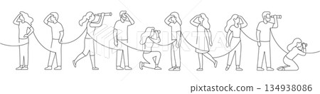 Minimalist line art of a group of people looking forward in different poses. Outline style for teamwork, search, and vision concepts 134938086