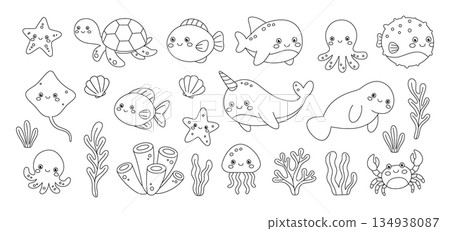 Minimalist outline of marine animals and corals. Cute cartoon sea creatures in simple linear style for kids projects Minimalist outline of marine animals and corals. Cute cartoon sea creatures in simple linear style for kids projects 134938087
