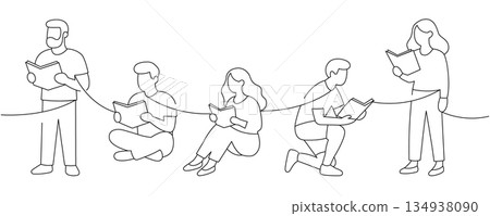 Characters reading books connected by a continuous line. Concept of unity in learning Characters reading books connected by a continuous line. Concept of unity in learning 134938090