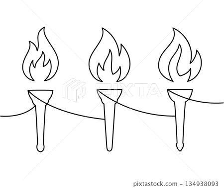 Three burning torches continuous line drawing. Minimalist one line vector flame illustration for freedom, liberty, protest and celebration 134938093