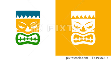 Polynesian tiki mask in white-on-yellow versions with zigzag crown. Tribal style vector for tattoos, festival art and cultural posters Polynesian tiki mask in white-on-yellow versions with zigzag crown. Tribal style vector for tattoos, festival art and cultural posters 134938094