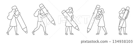 Group of women holding giant pencils and pens. Minimalist outline vector illustration of female characters with oversized writing tools Group of women holding giant pencils and pens. Minimalist outline vector illustration of female characters with oversized writing tools 134938103