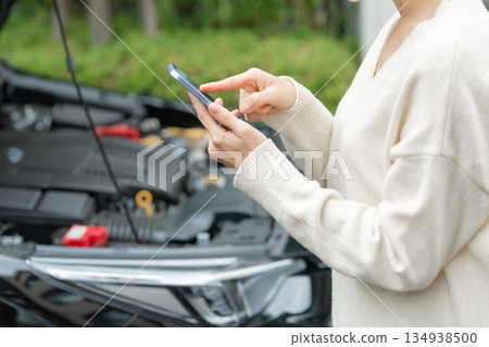 一名女子在車前打電話 一名女子在車前打電話 134938500