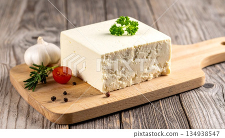 木質砧板上的白色乳酪 134938547