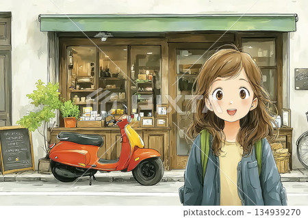 Miyu Series: Miyu Standing in Front of a Street Corner Cafe | Illustrations of a Young Woman's Daily Life with a Scooter Miyu Series: Miyu Standing in Front of a Street Corner Cafe | Illustrations of a Young Woman's Daily Life with a Scooter 134939270