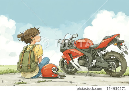 Miyu Series: Miyu Standing by the Sea | Illustration of a Woman Spending a Quiet Holiday with a Sports Bike 134939271