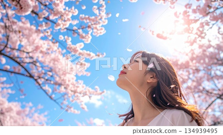 A young woman looking up at the cherry blossoms falling in the blue sky. High quality 16:9 size. 134939495