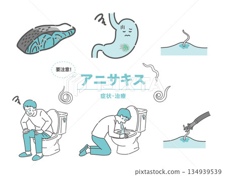 Illustrated illustration of the symptoms, causes, and treatment (endoscopic removal) of anisakiasis 134939539