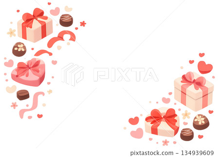 利用留白佈置情人節禮物角，情人節背景框上裝飾著心形和巧克力。 134939609