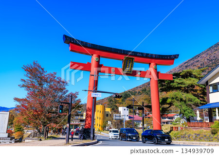 Mt. Nantai and the large torii gate of Futarasan Shrine in autumn, Nikko City, Tochigi Prefecture 134939709