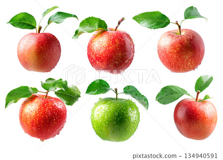 Set of red apple with dew drops and leaves isolated on white background 134940591