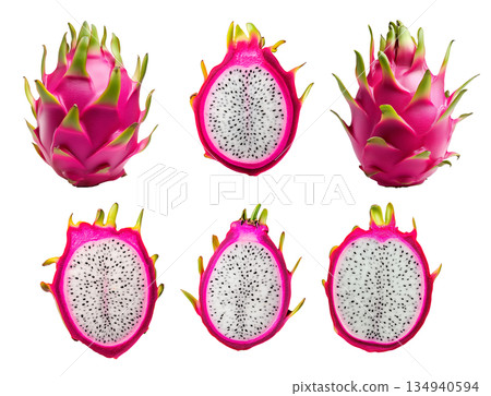 Set of sliced dragon fruit with pink skin and white pulp with black seeds isolated on white transparent background 134940594