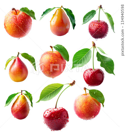 Set of kiwi, cherry and tangerine with green leaves, covered in water droplets, isolated on white transparent background Set of kiwi, cherry and tangerine with green leaves, covered in water droplets, isolated on white transparent background 134940598