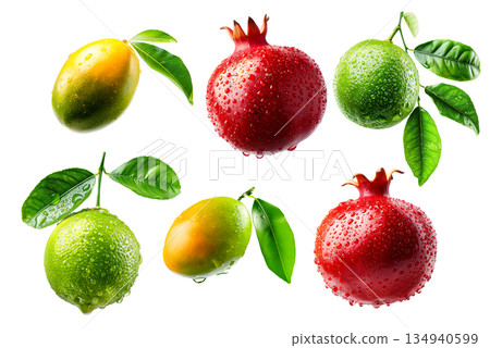 Ripe mango, lime and pomegranate with green leaves and water drops isolated on white transparent background Ripe mango, lime and pomegranate with green leaves and water drops isolated on white transparent background 134940599