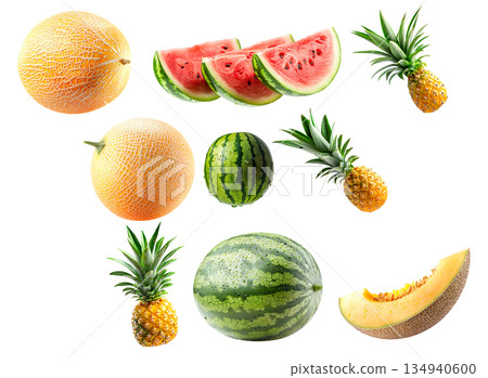 Set of pineapple, watermelon and cantaloupe melon with green leaves isolated on white background 134940600