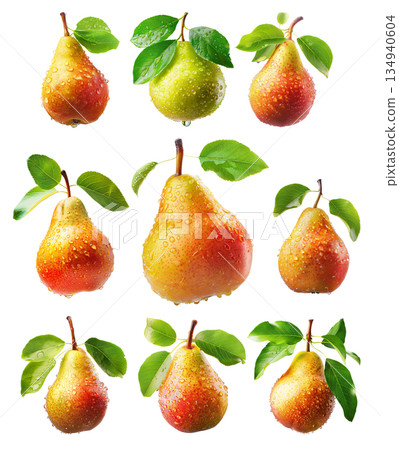 Set of ripe pear and sliced half with visible seeds and green leaf isolated on white transparent background 134940604