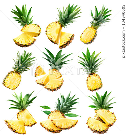 Set of pineapple with bright yellow flesh and green spiky leaves, isolated on white transparent background 134940605