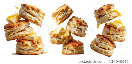 Buttermilk biscuits topped with syrup and butter, isolated on white background, concept of breakfast Buttermilk biscuits topped with syrup and butter, isolated on white background, concept of breakfast 134940611
