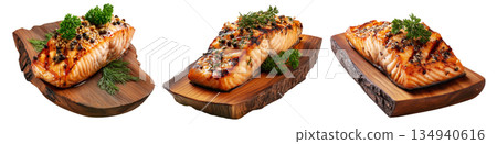 Grilled salmon steak topped with herbs and pepper, served on rustic wood board, isolated on white background, concept of seafood 134940616