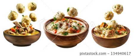 Hearty chicken and dumplings soup with peas and carrots in wooden bowl, floating dumplings, isolated on white background 134940617