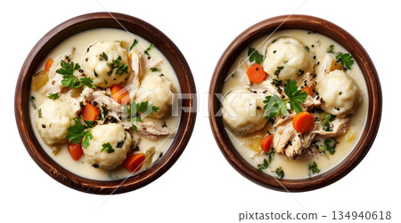 Chicken and dumplings soup with vegetables and herbs in black bowl, isolated on white transparent background Chicken and dumplings soup with vegetables and herbs in black bowl, isolated on white transparent background 134940618
