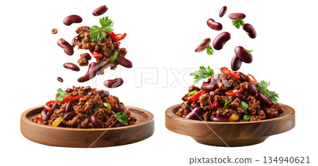 Southwest Tex-Mex Chili con carne beef chili stir-fry with or without beans isolated on white background, concept of hot cuisine Southwest Tex-Mex Chili con carne beef chili stir-fry with or without beans isolated on white background, concept of hot cuisine 134940621