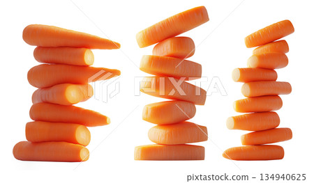 A stack of fresh, orange carrots arranged in a balancing tower on white transparent background. A stack of fresh, orange carrots arranged in a balancing tower on white transparent background. 134940625