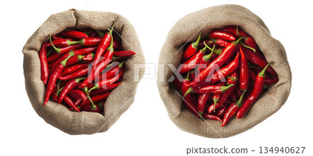Sack filled with fresh red chili peppers placed isolated on transparent background. 134940627