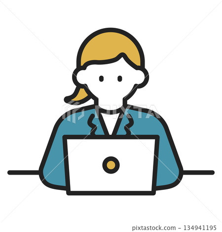 Illustration of a businesswoman operating a laptop computer (color) 134941195