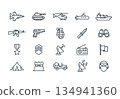 Set of 20 military and army line icons. Vector illustration of tank, weapon, soldier, war equipment, and vehicles isolated on white background. 134941360