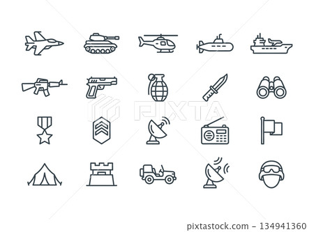 Set of 20 military and army line icons. Vector illustration of tank, weapon, soldier, war equipment, and vehicles isolated on white background. 134941360