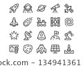 Space exploration line icons set. Vector collection of cosmos symbols including rocket, astronaut, planet, rover, satellite, and telescope isolated on white background. 134941361