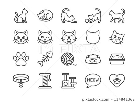 Minimalist 20 cat vector icons set. Monoline outline art with rounded corners. Linear symbols for web, UI/UX, cute pets, animal care, accessories, and playful themes. 134941362