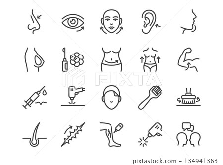 Set of 20 minimalist linear beauty surgery icons. Vector monoline symbols of cosmetic procedures, plastic surgery, and aesthetic medicine on white background. 134941363