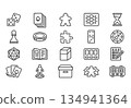A professional set of 20 minimalist vector icons for board and tabletop games. Monoline linear style with rounded corners in dark grey on white. 134941364