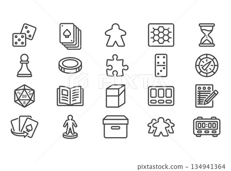 A professional set of 20 minimalist vector icons for board and tabletop games. Monoline linear style with rounded corners in dark grey on white. 134941364