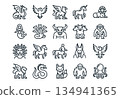 Set of 20 mythical creatures line icons. Vector illustration of dragon, phoenix, unicorn, mermaid, sphinx and other legendary beasts. Black outline style on white background. 134941365