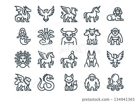 Set of 20 mythical creatures line icons. Vector illustration of dragon, phoenix, unicorn, mermaid, sphinx and other legendary beasts. Black outline style on white background. Set of 20 mythical creatures line icons. Vector illustration of dragon, phoenix, unicorn, mermaid, sphinx and other legendary beasts. Black outline style on white background. 134941365