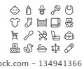 Set of 20 minimalist line icons for baby care. Modern outline symbols including bottle, stroller, crib, and toys arranged in a grid. Clean vector UI design elements. 134941366