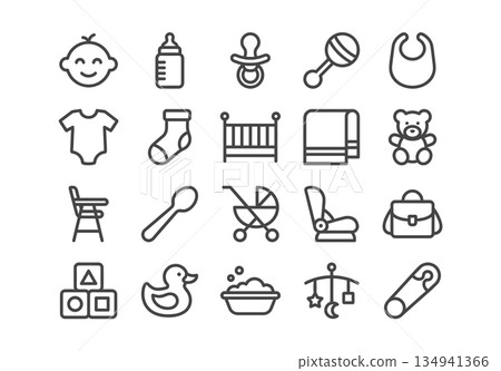 Set of 20 minimalist line icons for baby care. Modern outline symbols including bottle, stroller, crib, and toys arranged in a grid. Clean vector UI design elements. 134941366