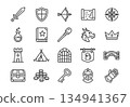 Medieval and Fantasy Adventure linear icons set. 20 vector monoline outlines including sword, dragon, magic, and castle. Minimalist UI design on white background. 134941367