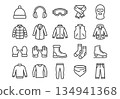 Set of 20 winter clothing vector icons. Minimalist linear monoline outline art style. Warm apparel symbols including jackets, hats, and gloves. Dark grey lines on white background. 134941368