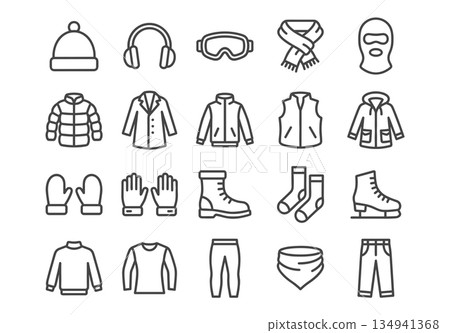Set of 20 winter clothing vector icons. Minimalist linear monoline outline art style. Warm apparel symbols including jackets, hats, and gloves. Dark grey lines on white background. 134941368