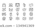 Set of 20 minimalist festival line icons. Modern monoline vector symbols for carnival, music, food, and entertainment with technical dotted accents for UI/UX design. 134941369