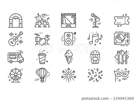 Set of 20 minimalist festival line icons. Modern monoline vector symbols for carnival, music, food, and entertainment with technical dotted accents for UI/UX design. Set of 20 minimalist festival line icons. Modern monoline vector symbols for carnival, music, food, and entertainment with technical dotted accents for UI/UX design. 134941369