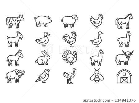 Farm animals vector line icons set. Minimalist agriculture and livestock monoline symbols. Cow, pig, chicken, horse, sheep in modern simple style for UI UX design. 134941370