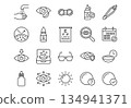 Vector line icon set for contact lens care and eye health. Includes symbols for lenses, cleaning, solution, eye exam, and vision. Simple black outline design. 134941371