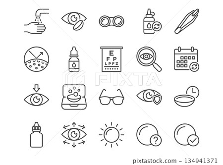 Vector line icon set for contact lens care and eye health. Includes symbols for lenses, cleaning, solution, eye exam, and vision. Simple black outline design. 134941371