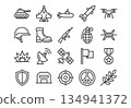 Military and war line icons set. Vector collection of army symbols including tank, weapon, drone, soldier gear, explosion, and peace signs. Simple outline style isolated on white background. 134941372